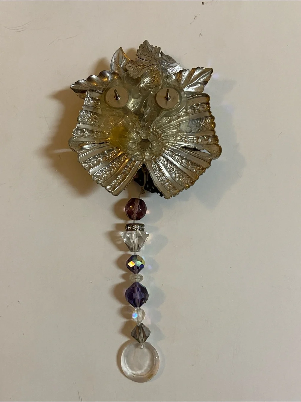 Silver Floral Brooch with Purple and Pink Crystal Dangles Rhinestone